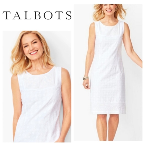 Talbots Sz 14 XL Sheath Shift Dress White Eyelet Embroidered Slvlss Coastal CHIC - Picture 1 of 5